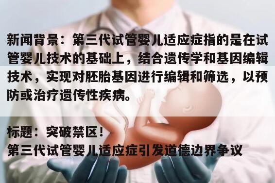 新闻背景:第三代试管婴儿适应症指的是在试管婴儿技术的基础上,结合遗传学和基因编辑技术,实现对胚胎基因进行编辑和筛选,以预防或治疗遗传性疾病。
标题:突破禁区!第三代试管婴儿适应症引发道德边界争议